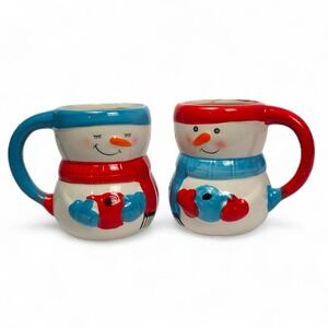 Bay Island Snowman Mugs Set 2025 Blue Red Scarf Hat 3D Ceramic Christmas Holiday